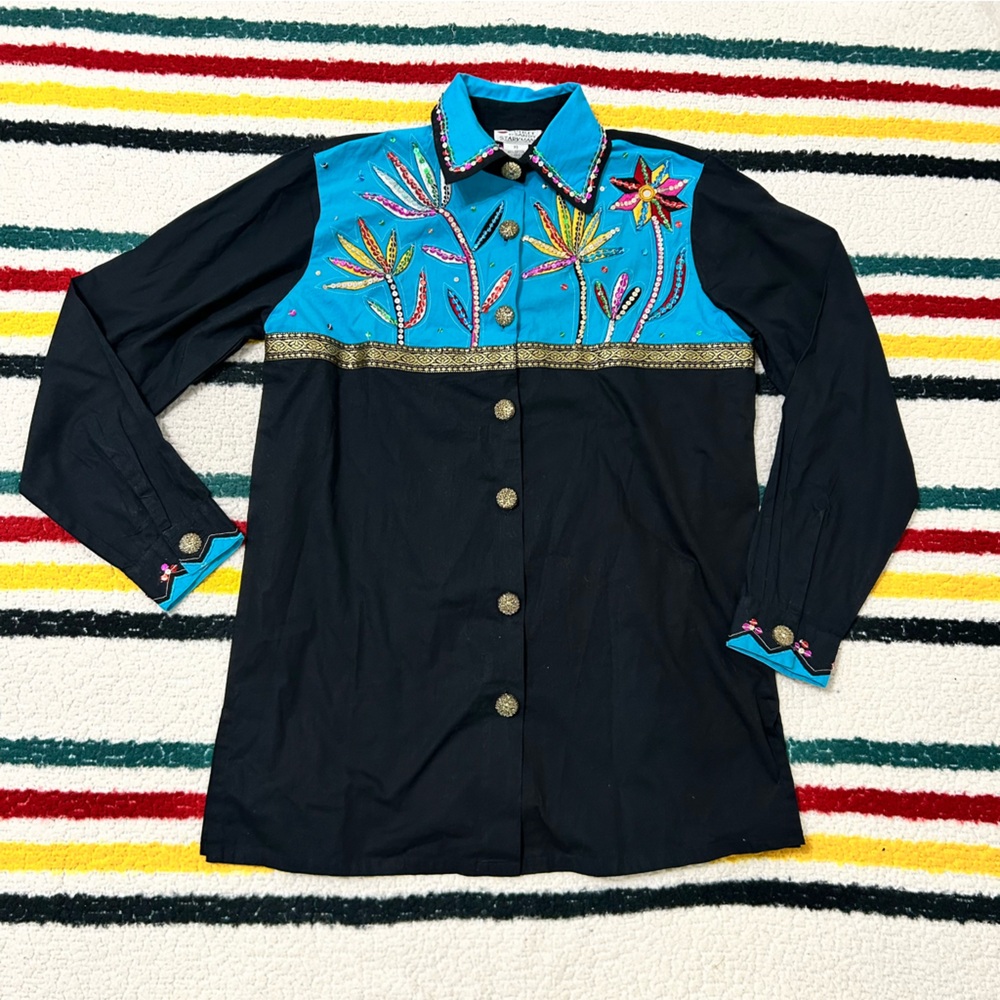 Vintage spirit by sandy starkman sequined embroidered black and blue western top
